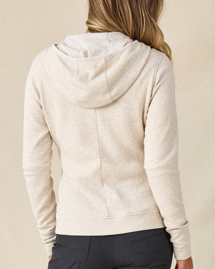 Highland Hooded Jacket in Oatmeal Heather, back view on model featuring an oatmeal heather textured fleece full zip hooded jacket, paired with charcoal pants