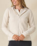 Highland Hooded Jacket in Oatmeal Heather, front view on model featuring an oatmeal heather textured fleece full zip hooded jacket, layered over a white polo and paired with charcoal pants