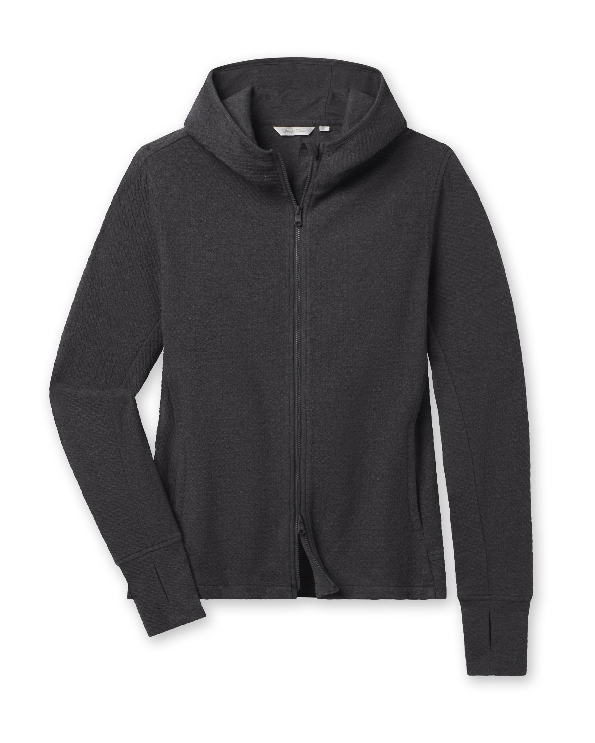 A dark charcoal gray zip-up hoodie with a high collar and long sleeves.