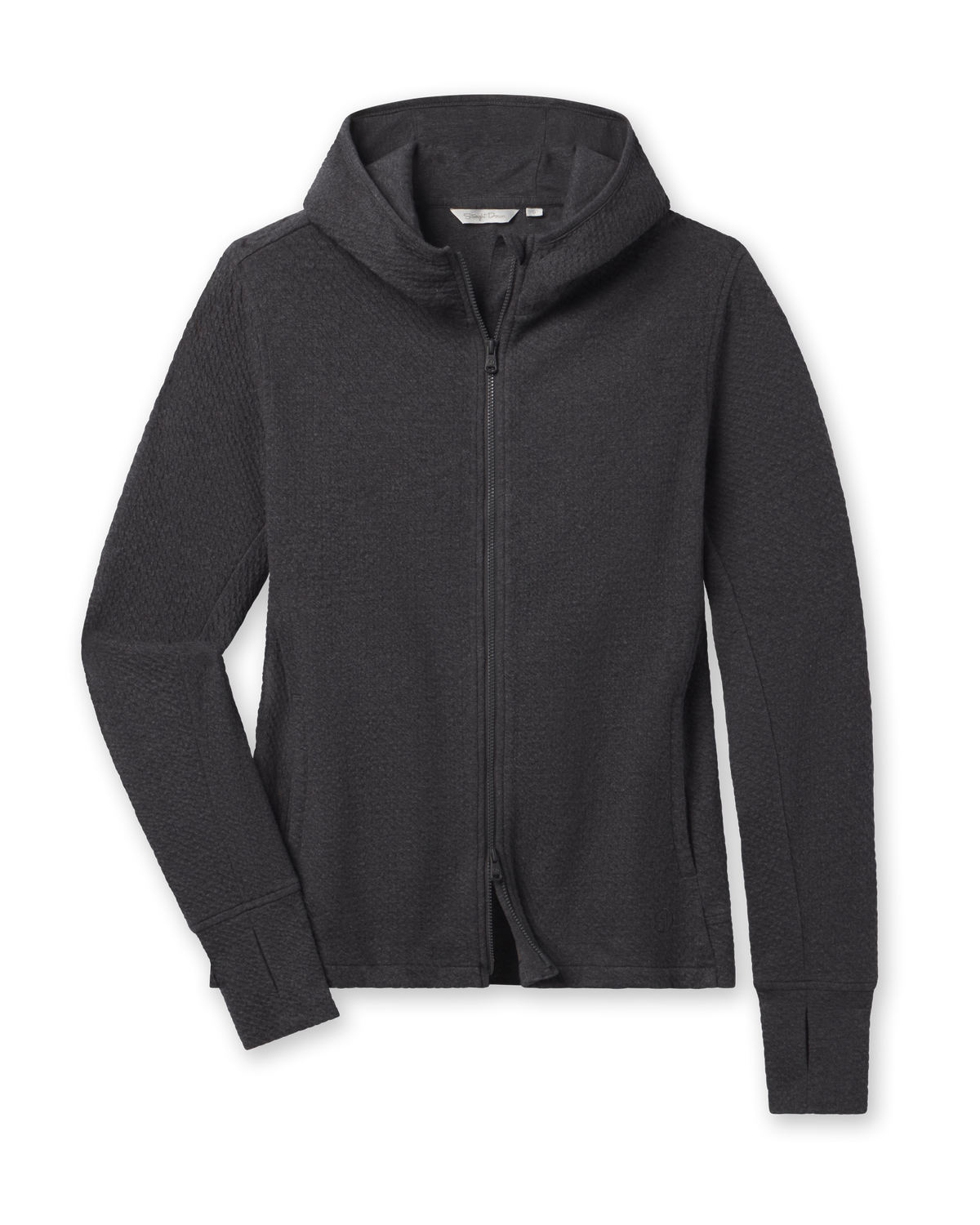 A dark charcoal gray zip-up hoodie with a high collar and long sleeves.