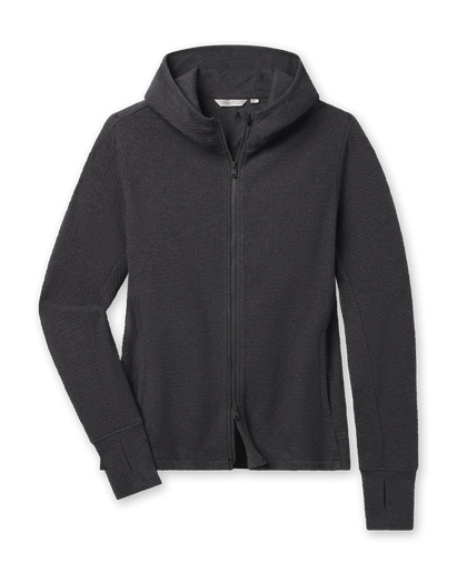 A dark charcoal gray zip-up hoodie with a high collar and long sleeves.