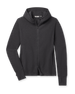 A dark charcoal gray zip-up hoodie with a high collar and long sleeves.