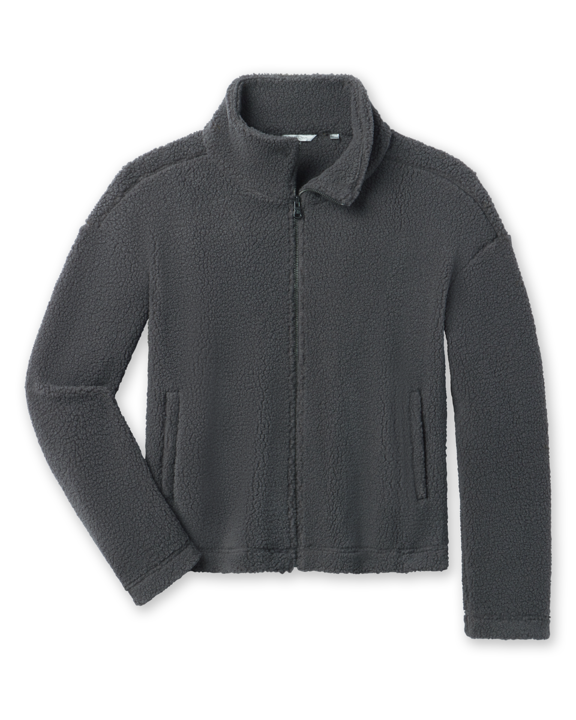 A dark gray fleece jacket with a stand-up collar, front zipper, and side pockets.