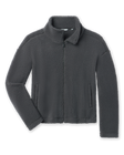 A dark gray fleece jacket with a stand-up collar, front zipper, and side pockets.