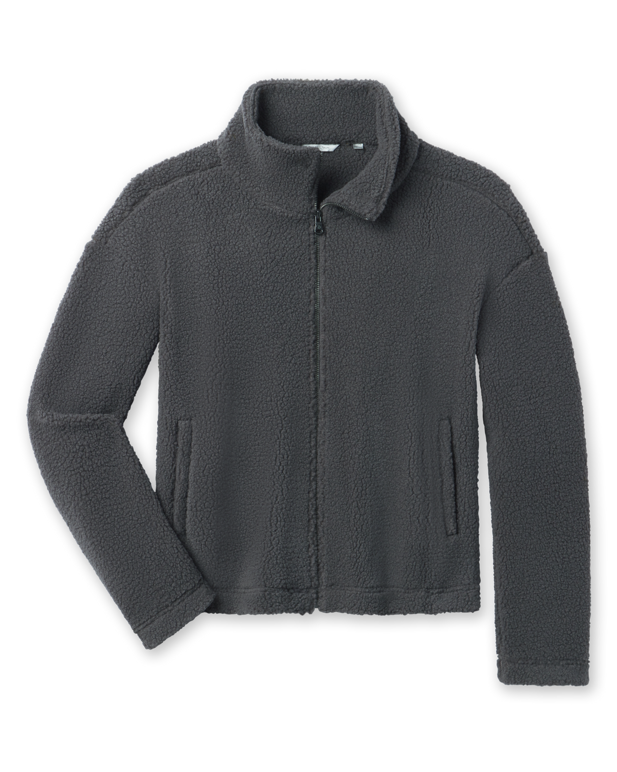 A dark gray fleece jacket with a stand-up collar, front zipper, and side pockets.