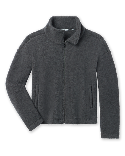 A dark gray fleece jacket with a stand-up collar, front zipper, and side pockets.