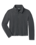 A dark gray fleece jacket with a stand-up collar, front zipper, and side pockets.