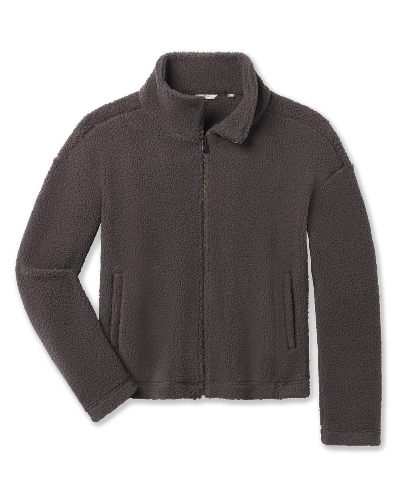 A dark gray fleece jacket with a stand-up collar, front zipper, and side pockets.