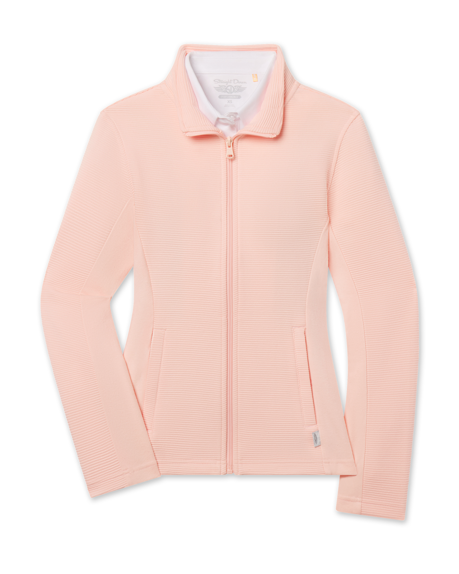New Swing Jacket in Melba featuring a full-zip front, stand collar, textured ribbed fabric, and front pockets.