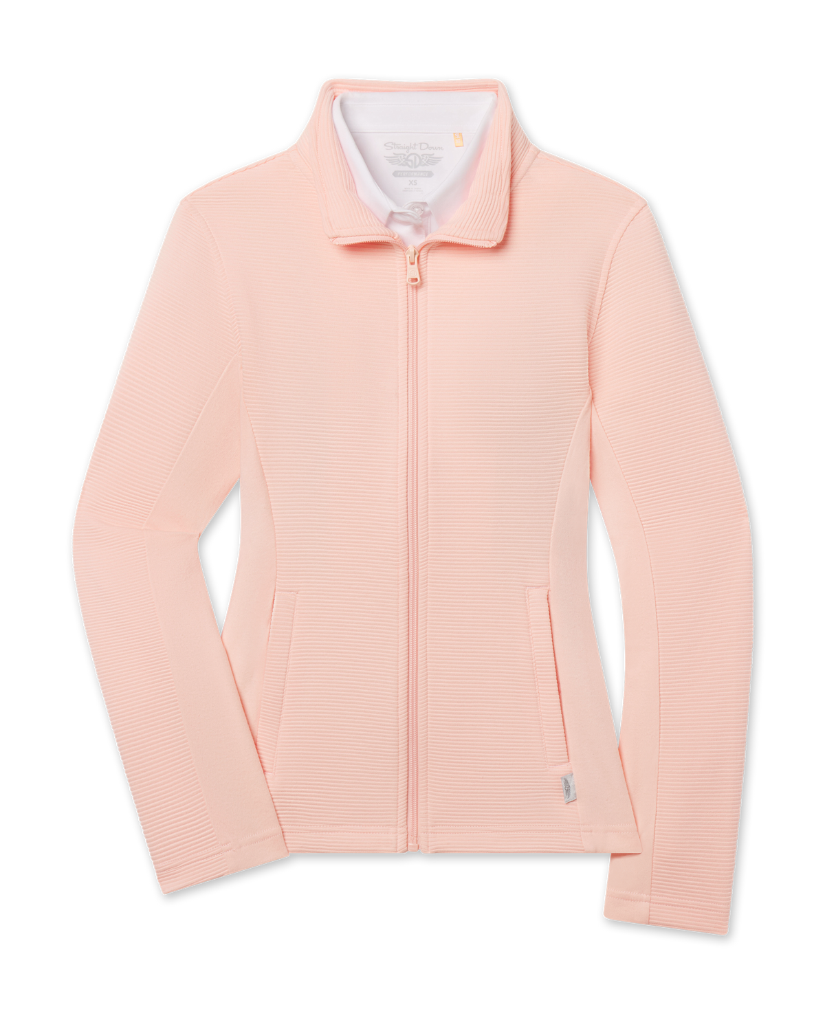 New Swing Jacket in Melba featuring a full-zip front, stand collar, textured ribbed fabric, and front pockets.