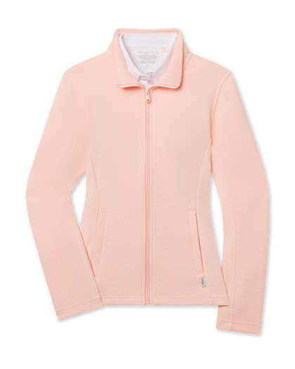New Swing Jacket in Melba featuring a full-zip front, stand collar, textured ribbed fabric, and front pockets.