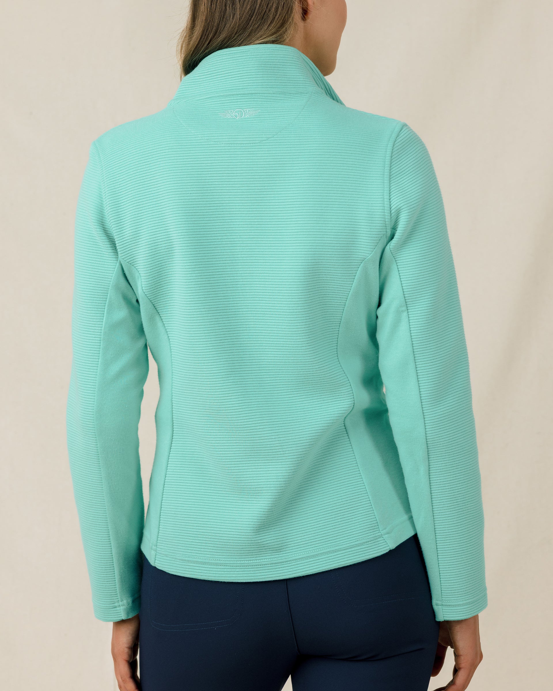 New Swing Jacket in Cascade green with textured ottoman knit fabric, back view
