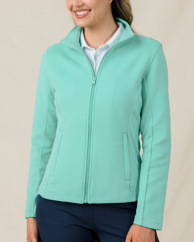New Swing Jacket in Cascade green with textured ottoman knit fabric, front model view
