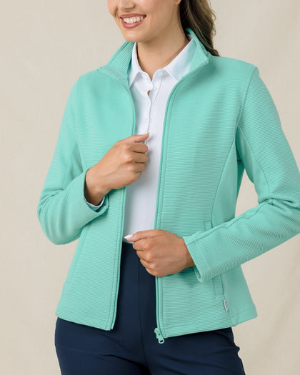 New Swing Jacket in Cascade green with textured ottoman knit fabric, open jacket model view 
