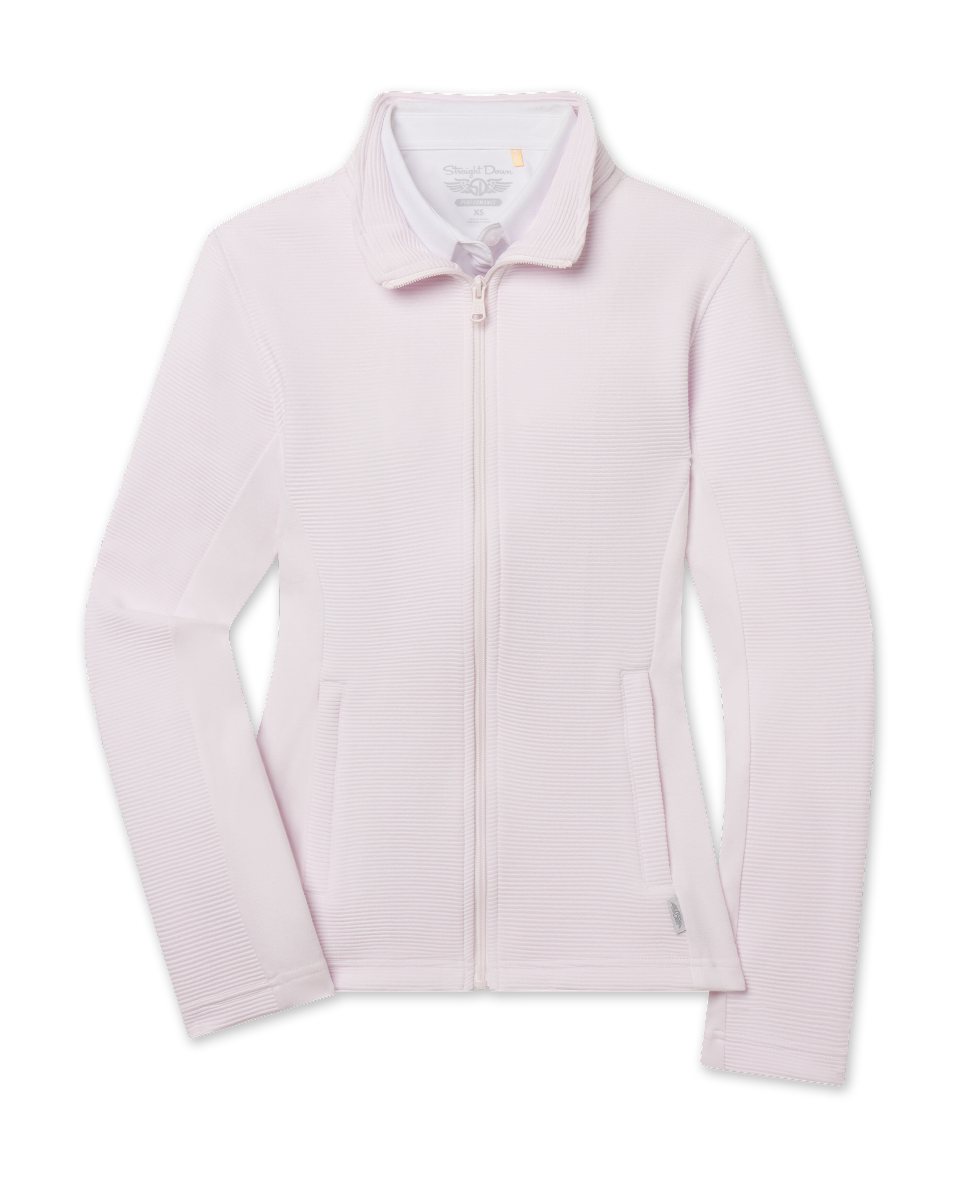 Straight Down New Swing Jacket in Pale Pink featuring a full-zip front, ribbed texture, and side pockets