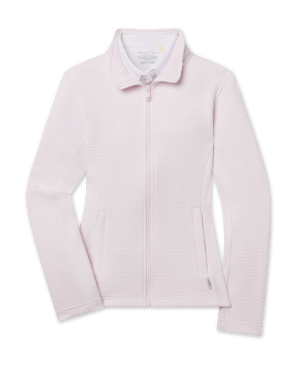 Straight Down New Swing Jacket in Pale Pink featuring a full-zip front, ribbed texture, and side pockets
