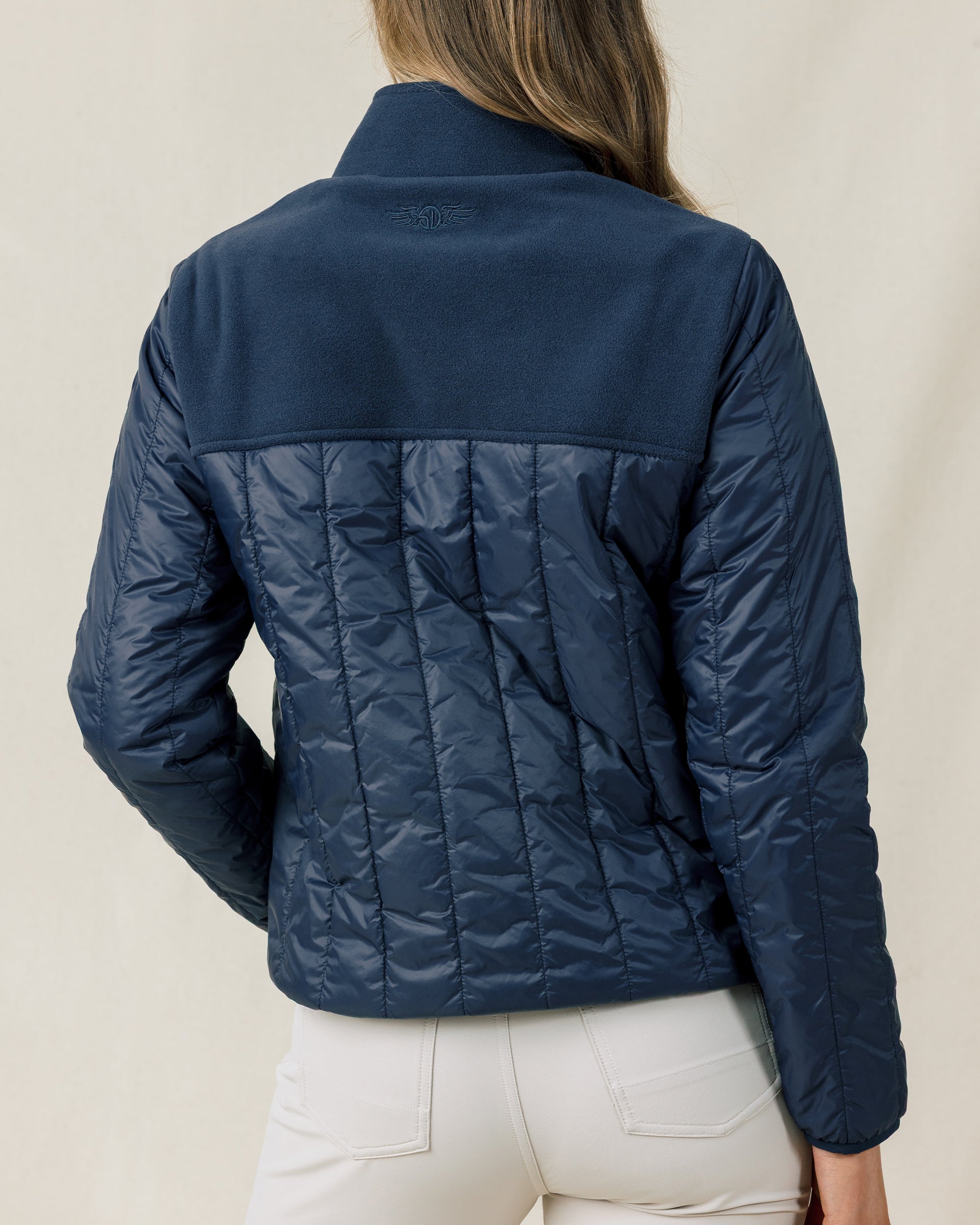 Back view of the Straight Down Taylor Jacket in New Indigo with fleece yoke and quilted back panel
