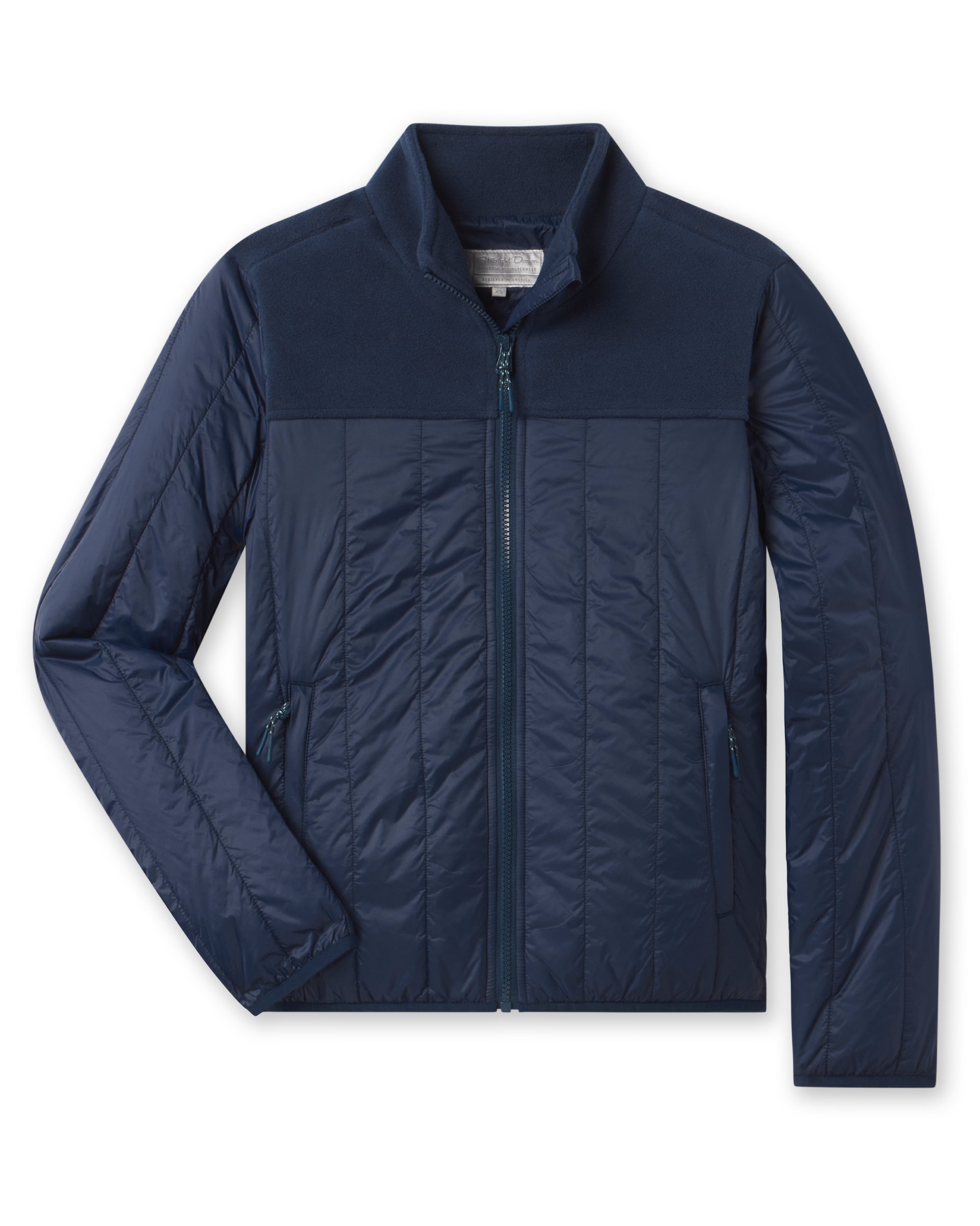 Straight Down Taylor Jacket in New Indigo featuring lightweight quilted insulation and fleece upper panel