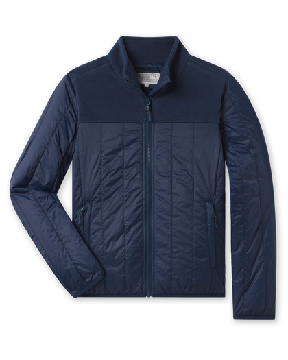 Straight Down Taylor Jacket in New Indigo featuring lightweight quilted insulation and fleece upper panel