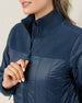 Close-up of the Taylor Jacket in New Indigo showing the fleece stand collar and full-zip front
