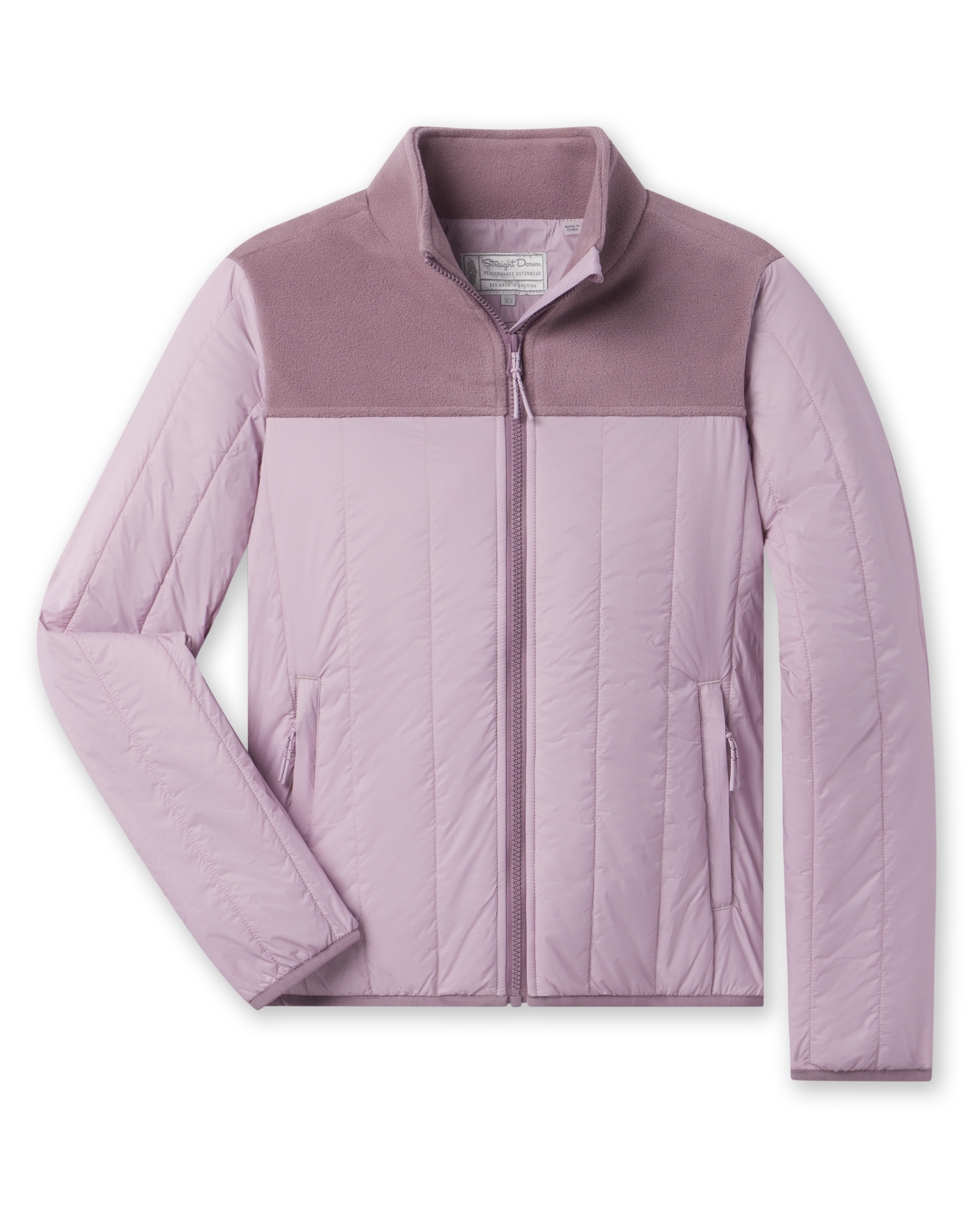 Taylor Jacket in Pink Dawn featuring lightweight quilted insulation, soft fleece yoke, full-zip front, and zip pockets