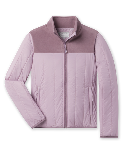 Taylor Jacket in Pink Dawn featuring lightweight quilted insulation, soft fleece yoke, full-zip front, and zip pockets