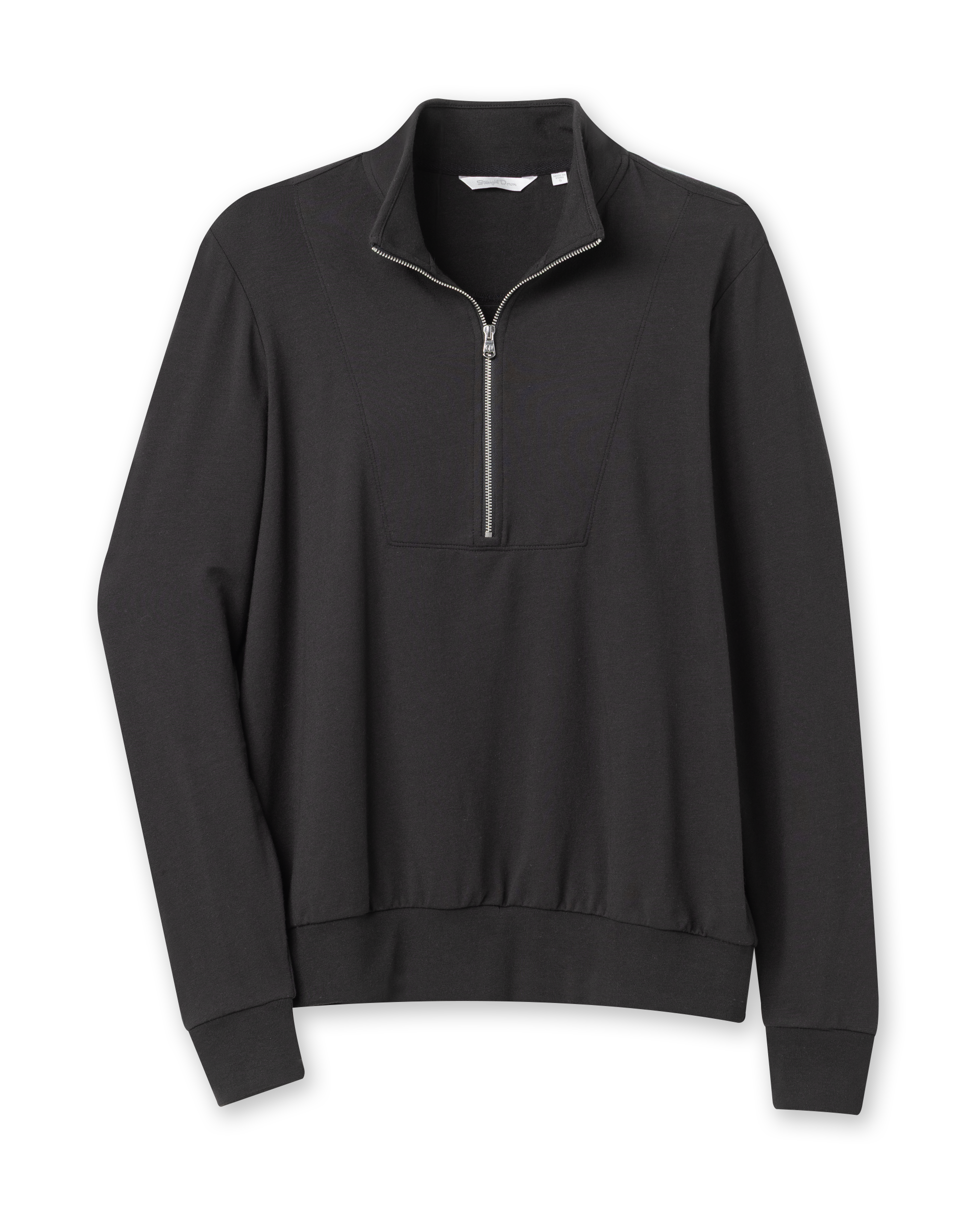 Penny Half Zip in Black, flat lay view featuring a black quarter-zip pullover with a mock neck collar, silver zipper, and ribbed cuffs and hem