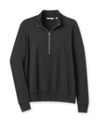 Penny Half Zip in Black, flat lay view featuring a black quarter-zip pullover with a mock neck collar, silver zipper, and ribbed cuffs and hem