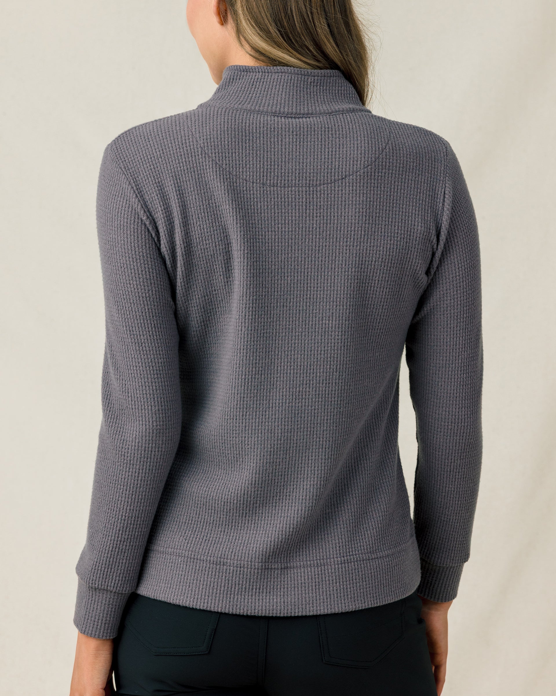 Back view of the Hills Quarter Zip in Nightshade, highlighting the waffle knit texture, raised collar, and relaxed fit.