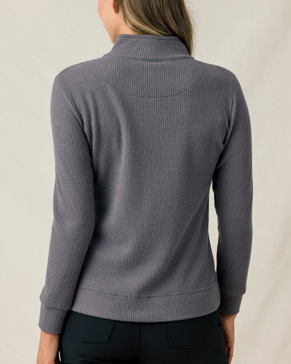 Back view of the Hills Quarter Zip in Nightshade, highlighting the waffle knit texture, raised collar, and relaxed fit.