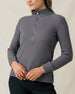 Close-up of the Hills Quarter Zip in Nightshade showing the textured waffle knit fabric, raised collar, and metal zipper.