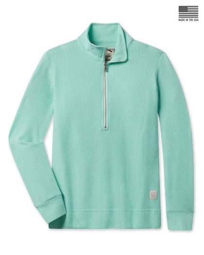 Women’s Hills Quarter Zip pullover in Cascade with waffle texture and silver half-zip detail