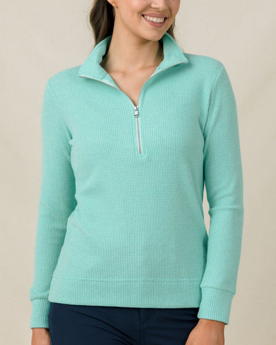 Model wearing the Hills Quarter Zip in Cascade, a lightweight waffle-knit pullover with relaxed fit