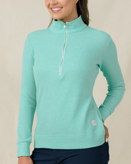 Hills Quarter Zip in Cascade featuring silver quarter-zip zipped and textured fabric