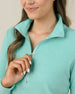 Close-up of the Hills Quarter Zip in Cascade featuring silver quarter-zip and textured fabric
