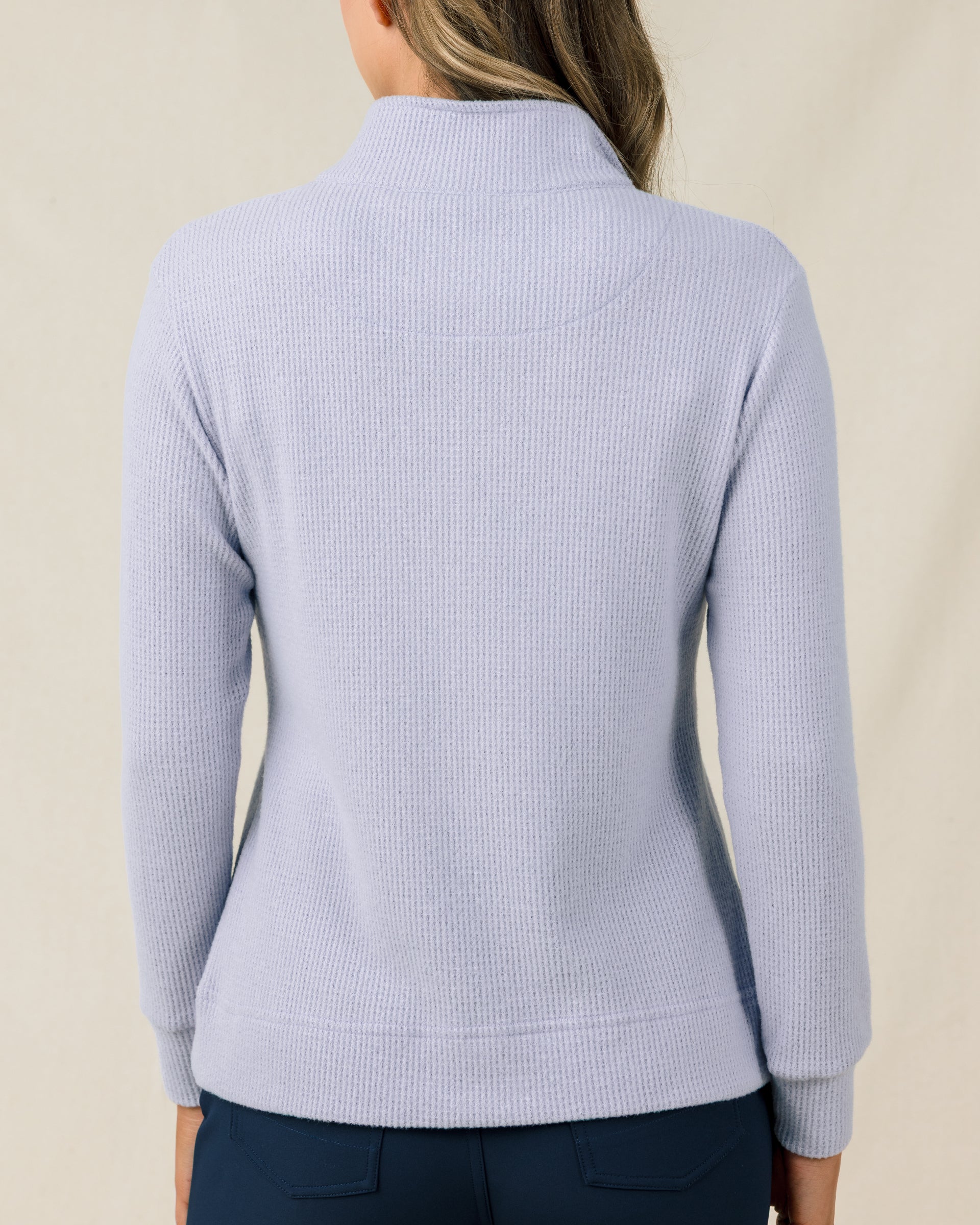 Back view of the Straight Down Hills Quarter Zip in Cosmic Blue showcasing the waffle knit texture