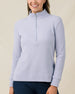 Close-up of the Straight Down Hills Quarter Zip in Cosmic Blue with the quarter zip fully closed and textured waffle knit fabric