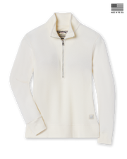 Women's Hills Quarter Zip in Cream, flat lay front view featuring a waffle knit construction with a quarter zip silver closure, stand-up collar, ribbed cuffs and hem, and Straight Down logo patch