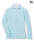 Women's Hills Quarter Zip in Gemstone, flat lay front view featuring a waffle knit construction with a quarter zip silver closure, stand-up collar, ribbed cuffs and hem, and Straight Down logo patch, layered over a white collared shirt
