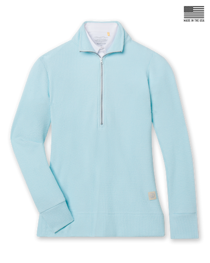 Women's Hills Quarter Zip in Gemstone, flat lay front view featuring a waffle knit construction with a quarter zip silver closure, stand-up collar, ribbed cuffs and hem, and Straight Down logo patch, layered over a white collared shirt
