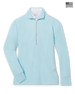 Women's Hills Quarter Zip in Gemstone, flat lay front view featuring a waffle knit construction with a quarter zip silver closure, stand-up collar, ribbed cuffs and hem, and Straight Down logo patch, layered over a white collared shirt