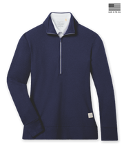 Women's Hills Quarter Zip in New Indigo, flat lay front view featuring a waffle knit construction with a quarter zip silver closure, stand-up collar, ribbed cuffs and hem, and Straight Down logo patch, layered over a white collared shirt