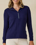 Women's Hills Quarter Zip in New Indigo, front view on model featuring a navy quarter-zip closure and waffle knit texture, styled with khaki pants