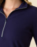 Women's Hills Quarter Zip in New Indigo, close-up detail view of the navy quarter-zip closure and collar with waffle knit texture