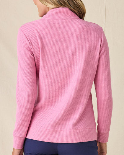 Women's Hills Quarter Zip in Sweet Rose, back view on model showcasing the waffle knit texture, styled with navy pants
