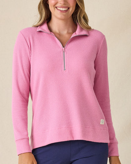 Women's Hills Quarter Zip in Sweet Rose, front view on model featuring a quarter-zip closure and waffle knit texture, styled with navy pants