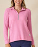 Women's Hills Quarter Zip in Sweet Rose, front view on model featuring a quarter-zip closure and waffle knit texture, styled with navy pants