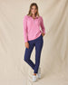 Women's Hills Quarter Zip in Sweet Rose, full-length front view on model featuring a quarter-zip closure and waffle knit texture, styled with navy pants and white shoes