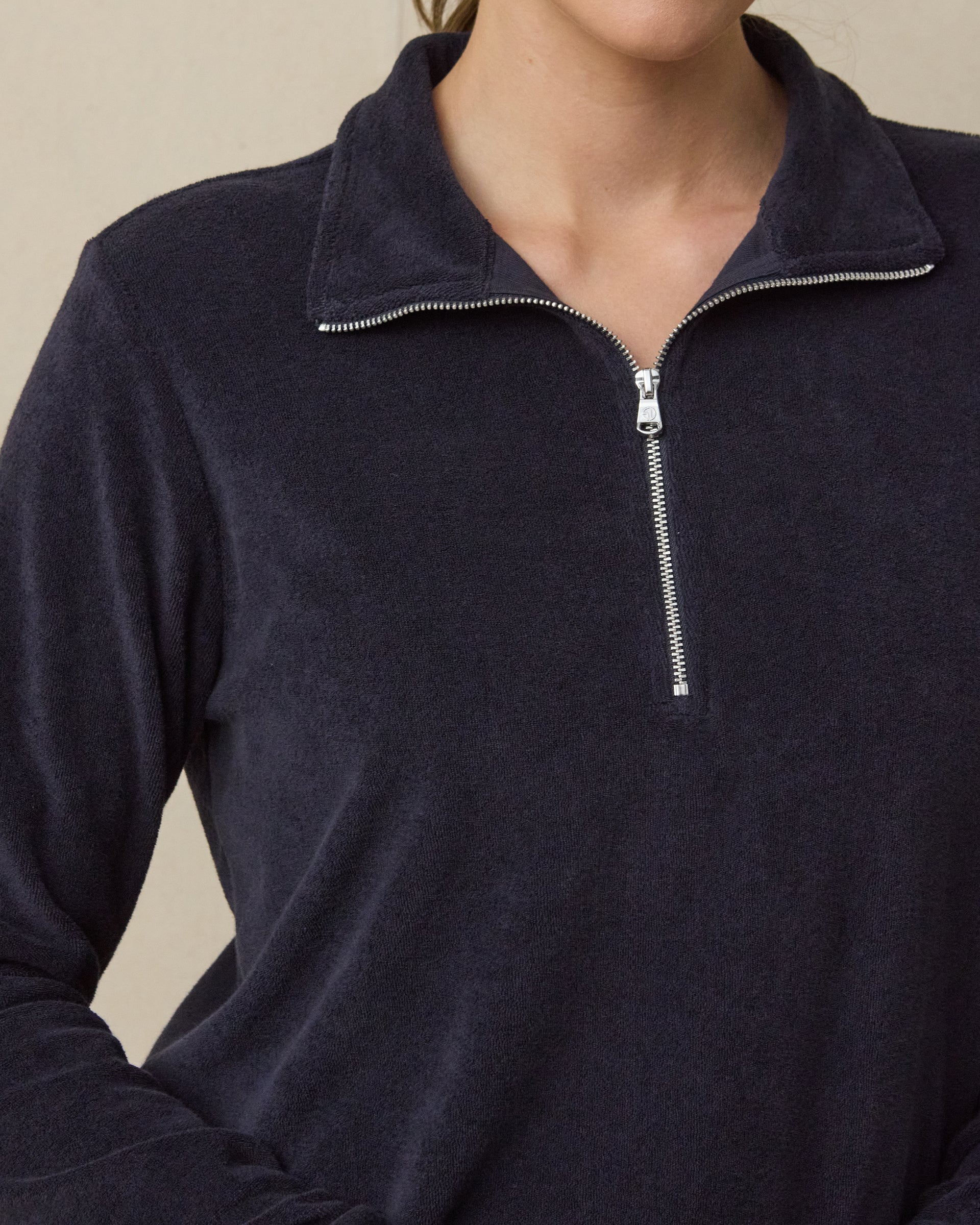 Collette Quarter Zip in New Indigo, collar and zipper detail showcasing the soft brushed fabric
