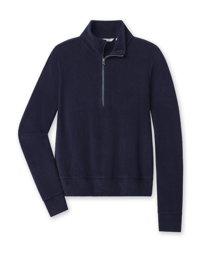 Collette Quarter Zip in New Indigo with soft brushed fabric, front view